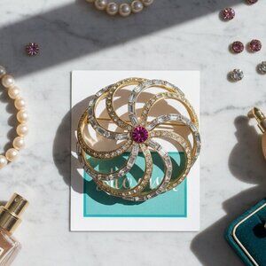 Vintage Lord & Taylor Gold Blush Pink Crystal Brooch - Elegant Statement Piece